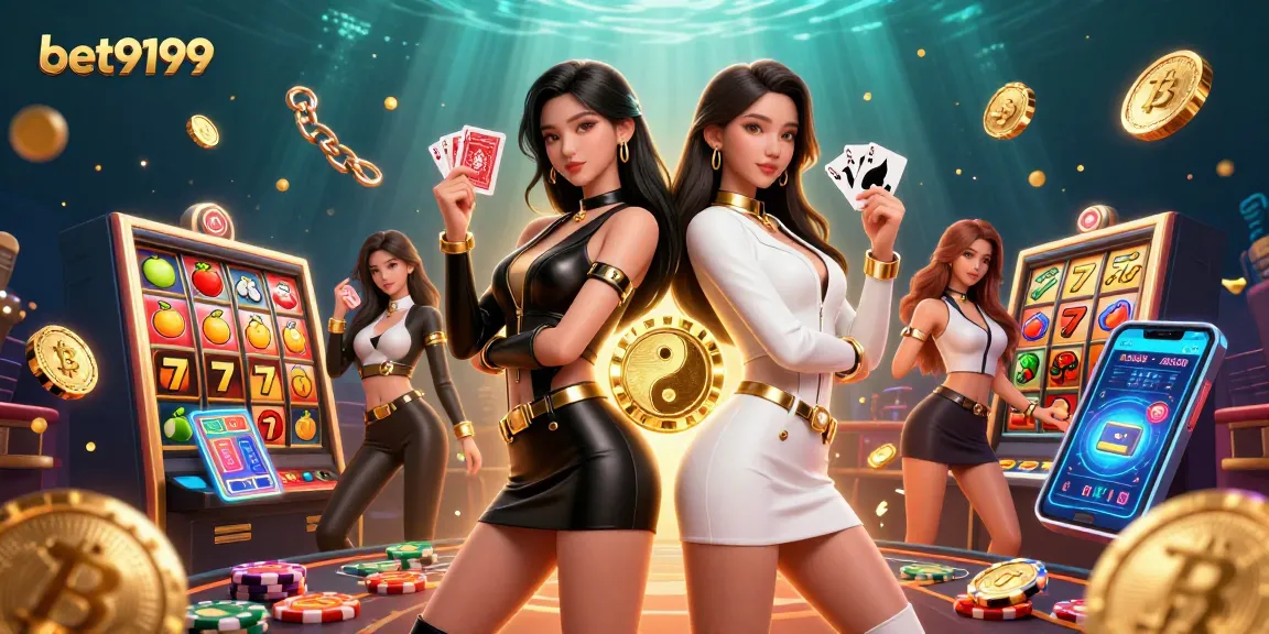 Experience thrills with bet9199 featuring twin Asian women showcasing cards amidst vibrant casino elements.