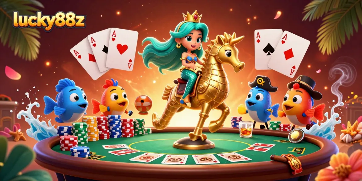 Engage with lucky88z for thrilling poker adventures featuring a mermaid princess and seahorse.