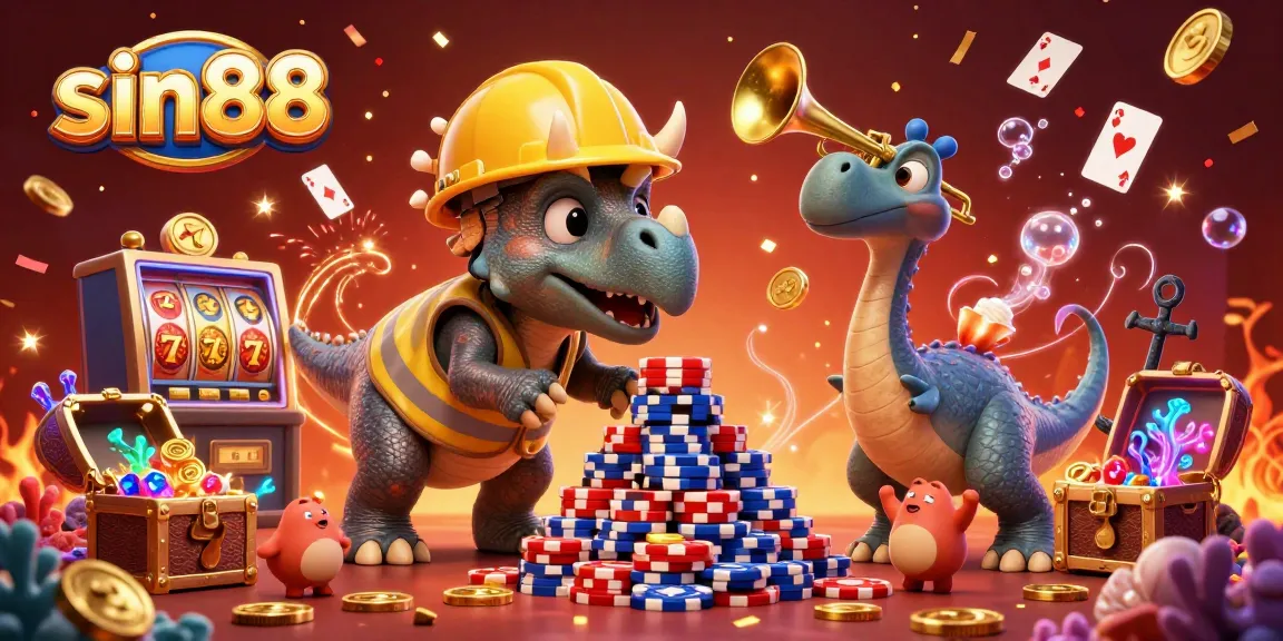 Join the celebration at sin88 as cartoon dinosaurs fill the casino with poker chips and gold coins.