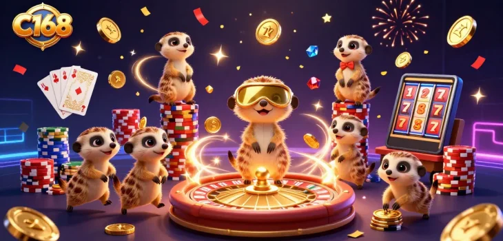 C168 casino meerkats operating with vibrant chips, cards, and golden coins in an elaborate scene.