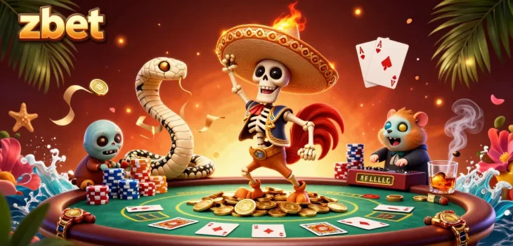 Experience zbet with a vibrant cartoon scene of a mariachi rooster celebrating on poker chips.