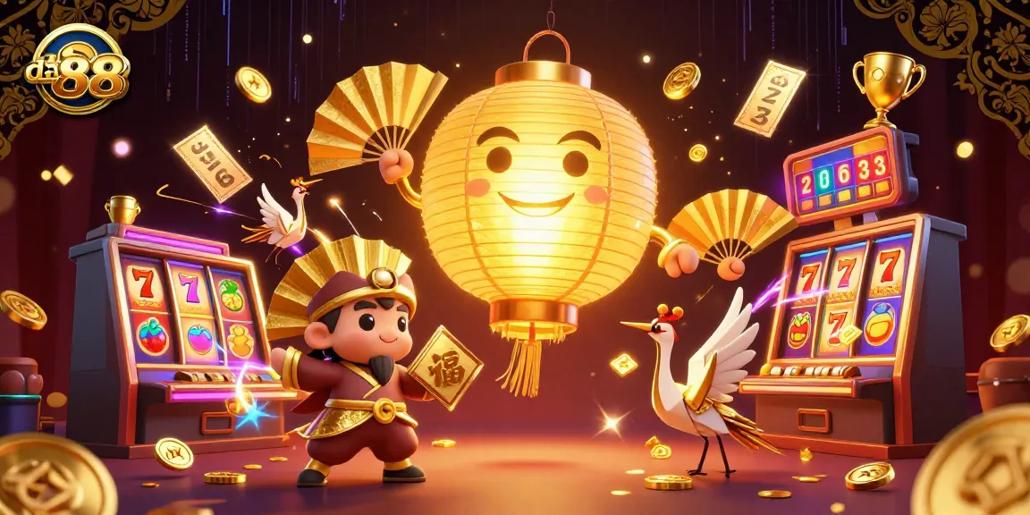 Experience the thrill of da 88 with vibrant slot reels and lucky symbols in an enchanting casino illustration.
