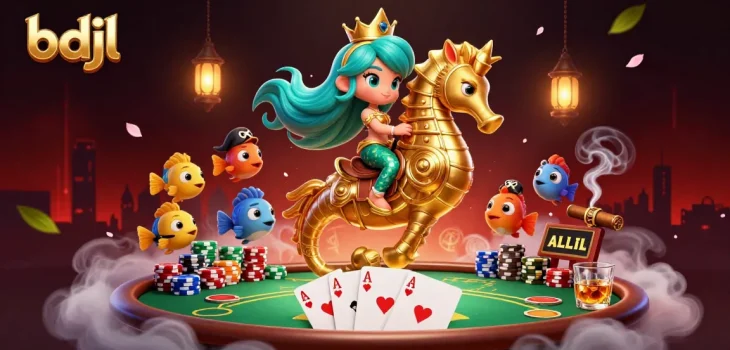 Experience thrilling gaming dynamics with bdjl in a vibrant 3D casino scene full of poker elements.