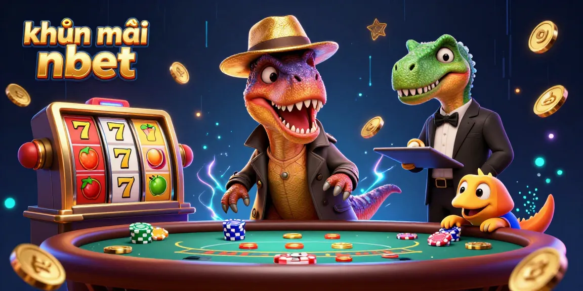 Join the excitement of khuyến mãi nbet with a playful scene featuring a velociraptor and vibrant casino elements.