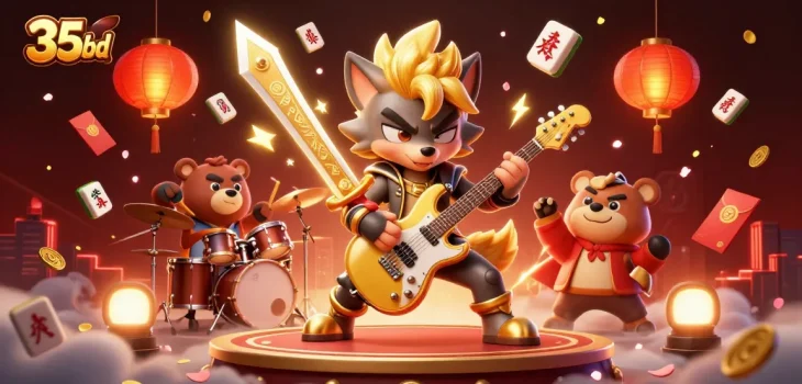 Experience the excitement of 35bd with a vibrant casino performance featuring a rock star wolf and a wild drummer bear.