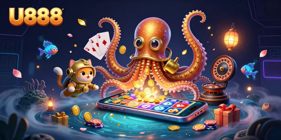 Engage with U888's action-packed gambling experience featuring a kraken and vintage diving cat.
