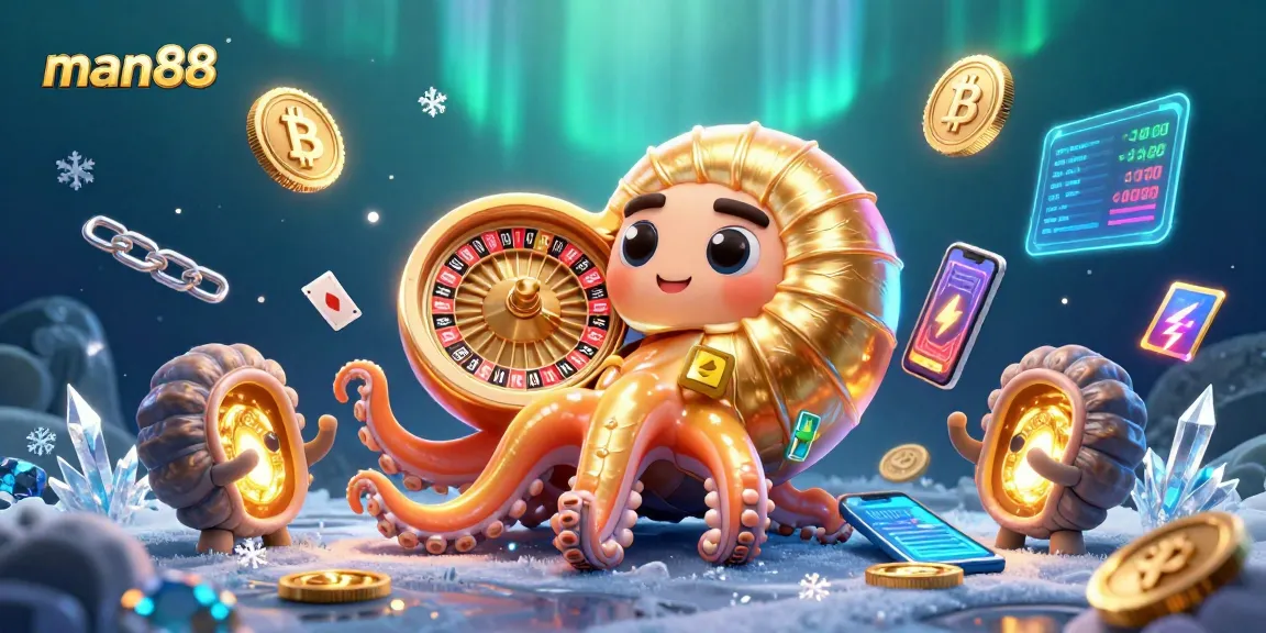 Engage with man88's vibrant casino atmosphere featuring a nautilus roulette wheel and cryptographic elements.
