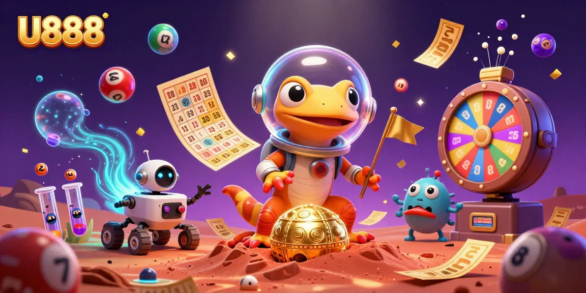Experience thrilling wins at U888 with a lively Martian scene filled with lottery excitement and casino treasures.