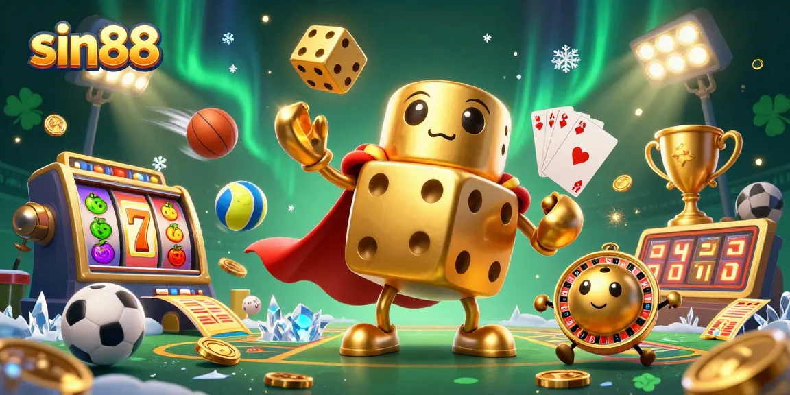 Experience the thrill of sin88 with a dynamic 3D illustration showcasing golden dice and vibrant casino elements.