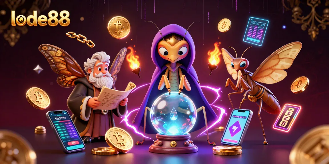 Experience lode88's vibrant casino scene with a mystical fortune teller and crypto elements.