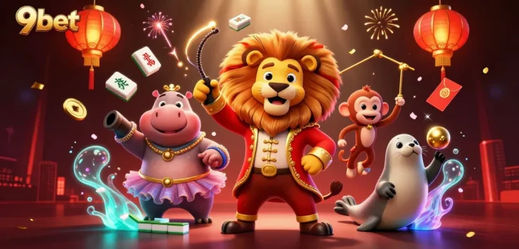 Engage with 9bet's vibrant 3D circus scene featuring a lively lion, hippo, monkey, and seal surrounded by festive gambling elements.