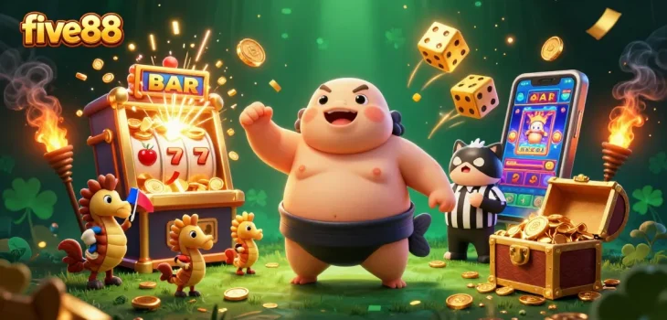 Engage with five88 and explore a vibrant 3D casino scene featuring a fugu, catfish referee, and jackpot excitement.