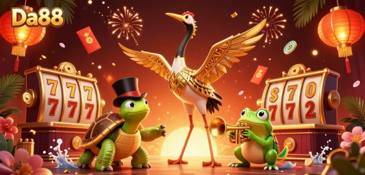 Experience the excitement of Da88 with a vibrant casino scene featuring lively characters and dynamic gaming elements.