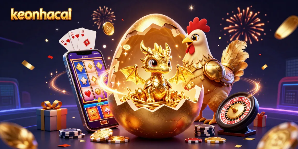 Engage with keonhacai's vibrant casino world featuring a golden dragon amidst colorful gaming elements.