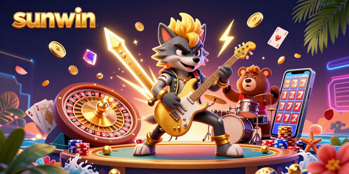 Win big at sunwin with vibrant 3D casino art featuring rock star wolf and drummer bear.