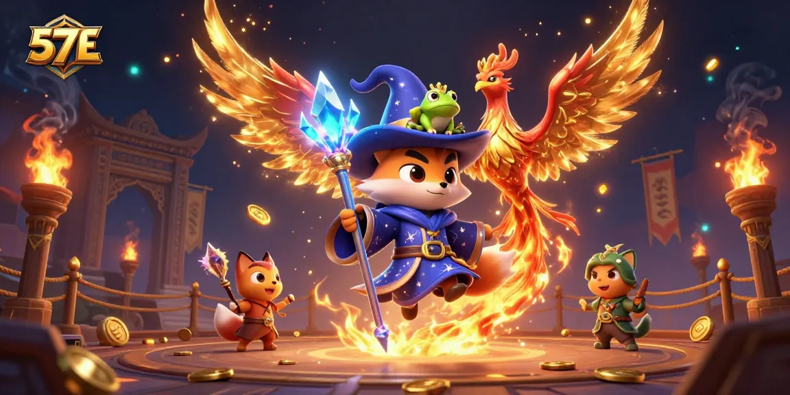 57 E players enjoy exciting games in a rich casino environment filled with golden sparkles and vibrant characters.