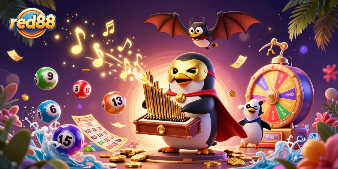 Experience red88 excitement with a vivid 3D casino scene featuring animated lottery elements and characters.