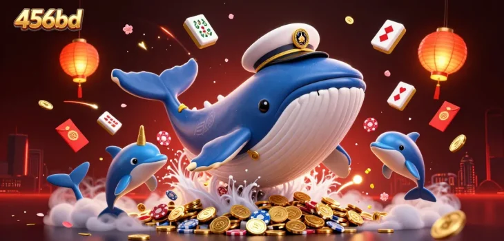 Engage with 456bd's playful scene featuring a whale, narwhal, and dolphins among gaming elements.