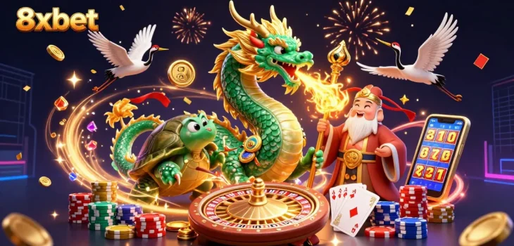 Experience thrilling gaming excitement with 8xbet’s vibrant casino scene, featuring dynamic characters.