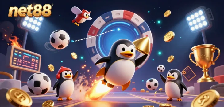 Experience the excitement of net88 online casino with a vibrant 3D illustration of a golden penguin and casino-themed sports elements.