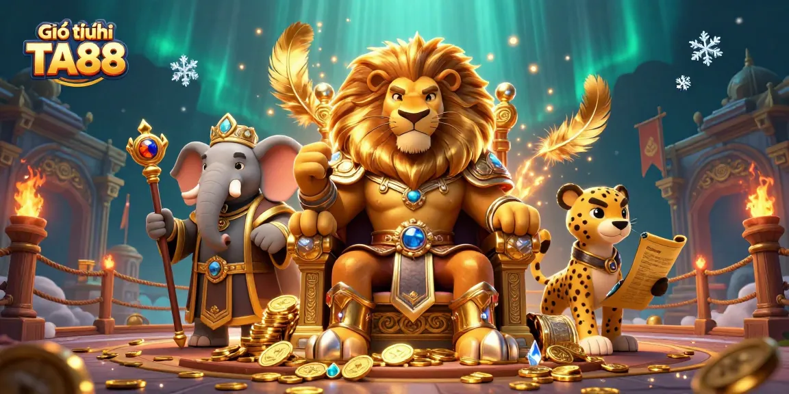 Engage in thrilling adventures with Giới thiệu TA88, showcasing a majestic lion king and dynamic casino elements.