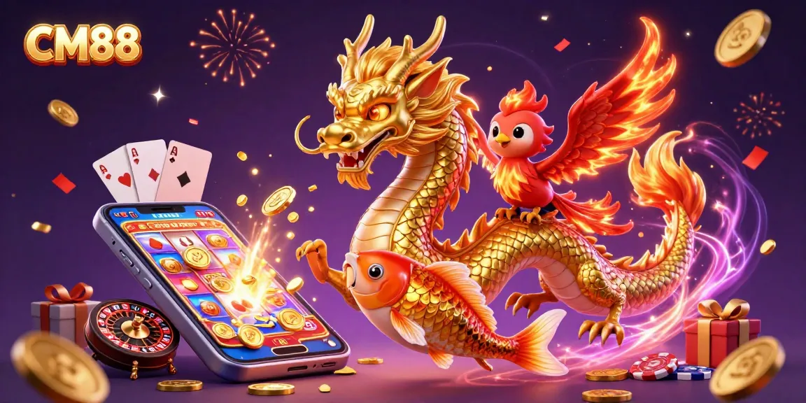 Experience the thrill of CM88 with a golden dragon, phoenix, and koi amid vibrant casino elements.
