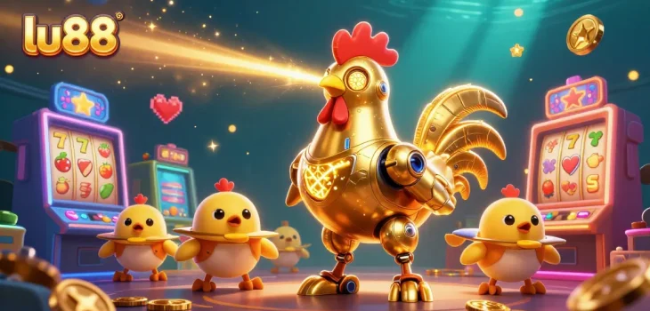 Win big with lu88 in this lively 3D casino scene featuring a golden rooster and slot machines.
