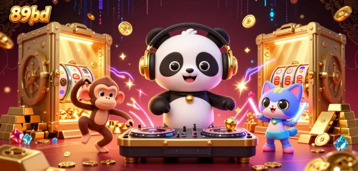 Experience excitement at 89bd with a vibrant 3D casino scene featuring animated characters.