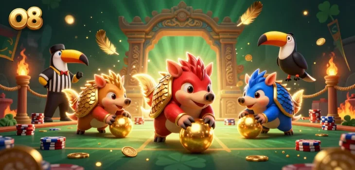 Experience intense gaming action with o8's dynamic gambling showdown featuring rival pangolins.