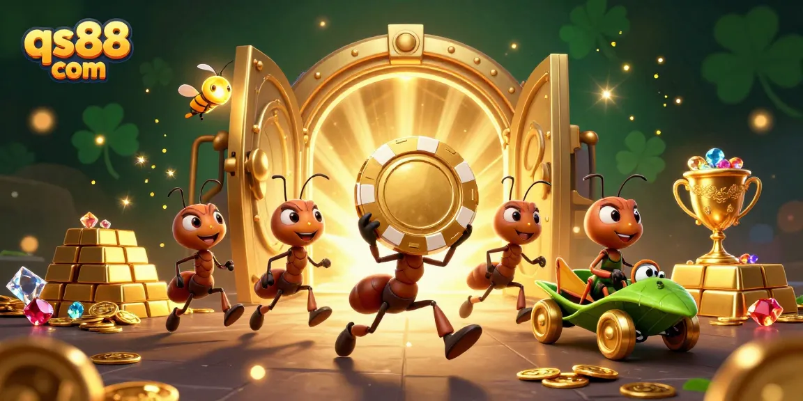 Experience the excitement of qs88 com with ants themed heist carrying poker chips in a vibrant casino setting.
