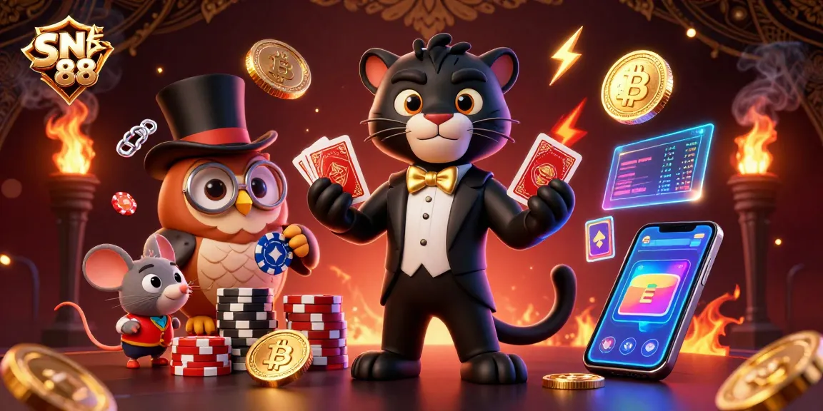 Engage with thrilling SN 88 casino games featuring stylish characters and crypto-inspired elements.
