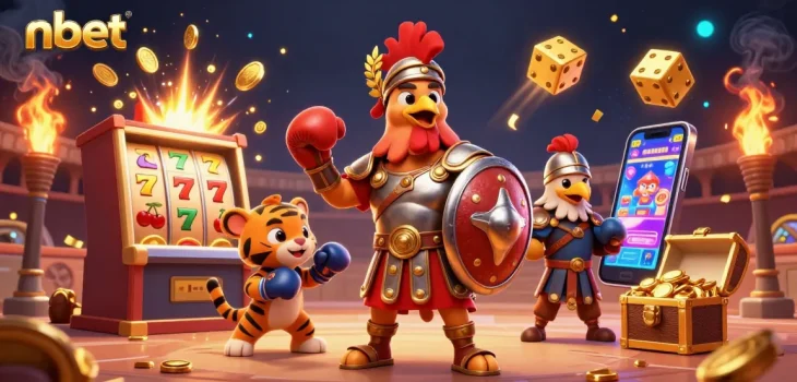 Engage with exciting nbet gameplay featuring a dynamic scene with a gladiator rooster and vibrant casino elements.