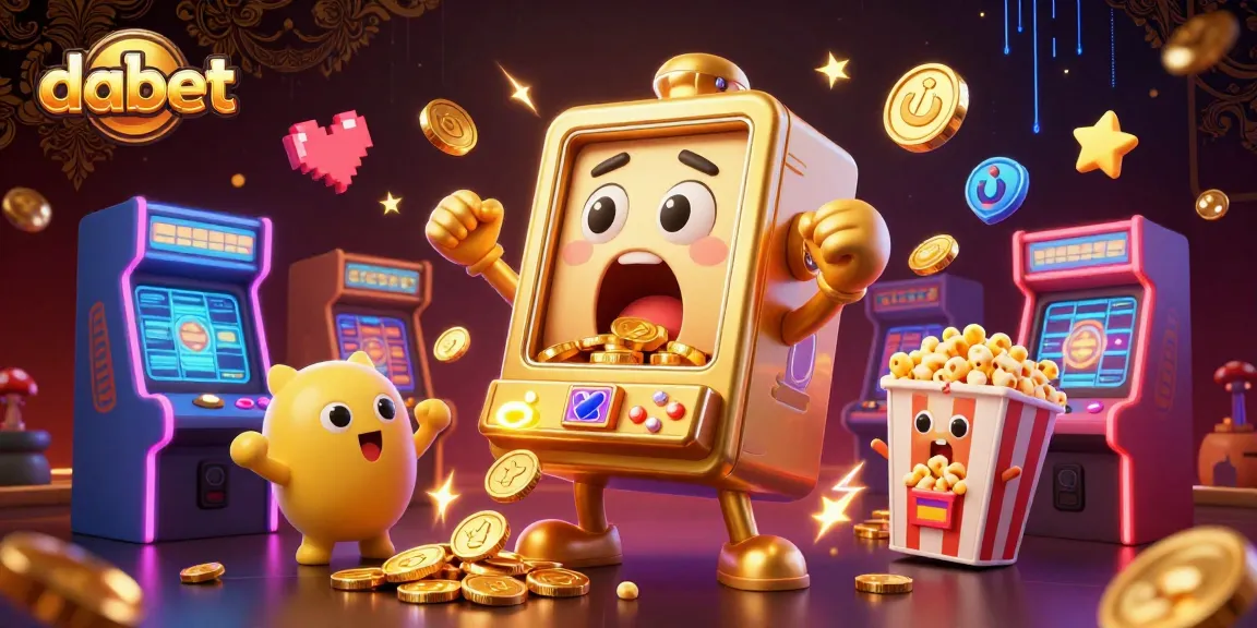 dabet showcases a golden slot machine winning a jackpot surrounded by cheering characters and colorful arcade elements.