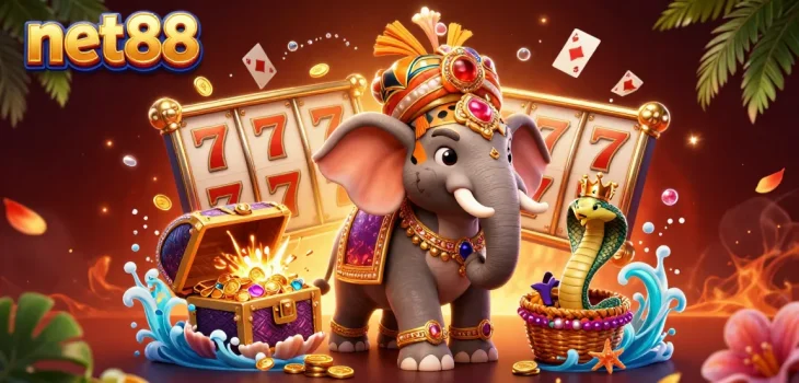 Engage with slots at net88 featuring a vibrant scene with maharaja tiger and golden treasures.