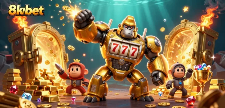 Experience the thrill of 8xbet with an explosive 3D illustration of a golden gorilla mech and treasures.