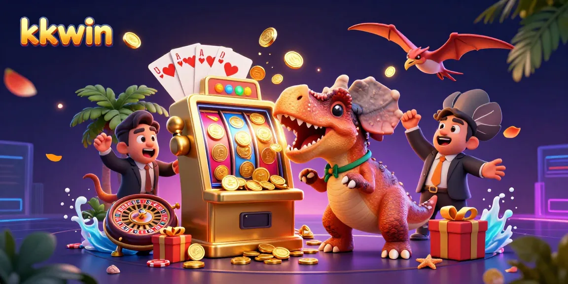 kkwin characters celebrate casino wins as a pachycephalosaurus interacts with a slot machine