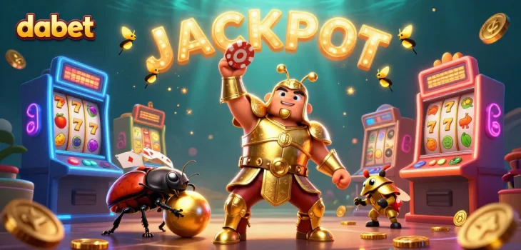 dabet showcases a victorious hercules beetle in golden armor symbolizing wins in online slots action.