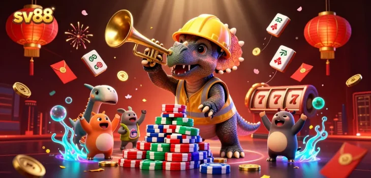 Engage in the vibrant world of sv88 with a lively casino scene featuring playful characters and festive elements.