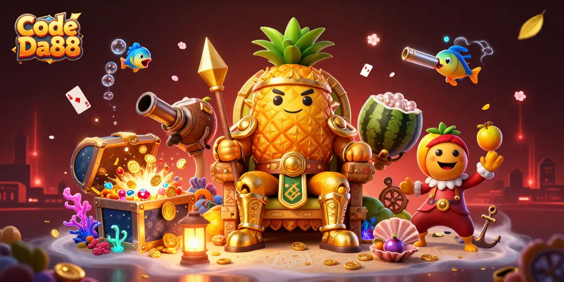 Experience the excitement of Code Da88 with the golden pineapple king and dynamic casino elements in this vibrant illustration.