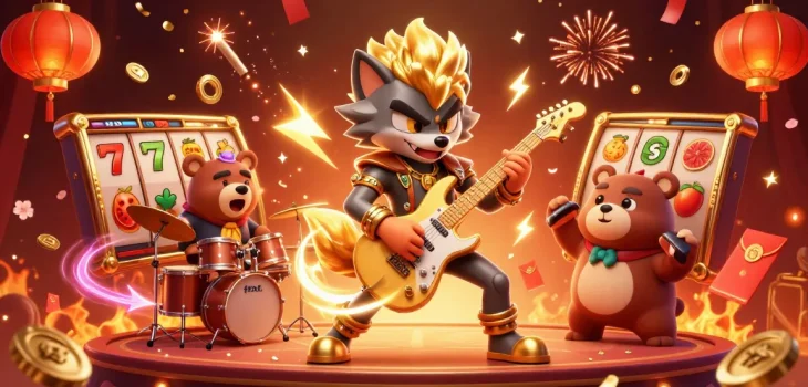 Win big at fabet with a lively 3D scene featuring a wolf rock star and vibrant casino games.