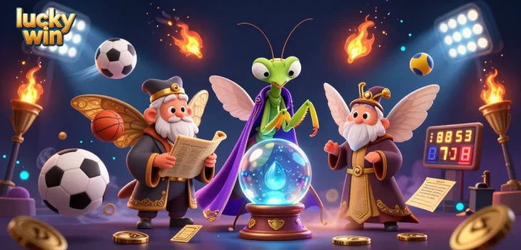 Engage in lucky win as a cartoon praying mantis fortune teller and wise moth librarian navigate a vibrant casino world.