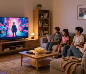 Família assistindo a IPTV em uma sala de estar confortável com uma TV grande.