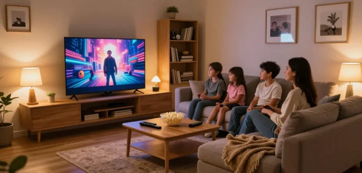 Família assistindo a IPTV em uma sala de estar confortável com uma TV grande.