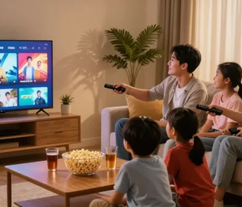 Família assistindo IPTV no sofá, destacando a melhor experiência com bestbraziliptv.