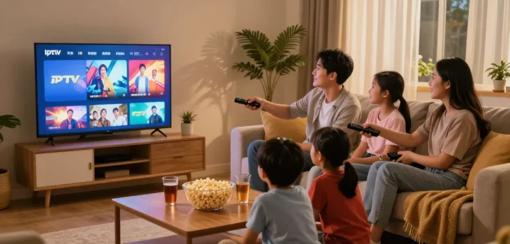 Família assistindo IPTV no sofá, destacando a melhor experiência com bestbraziliptv.