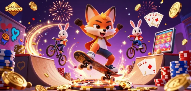Experience the thrill of soikeo with vibrant casino-themed 3D illustration featuring dynamic characters.