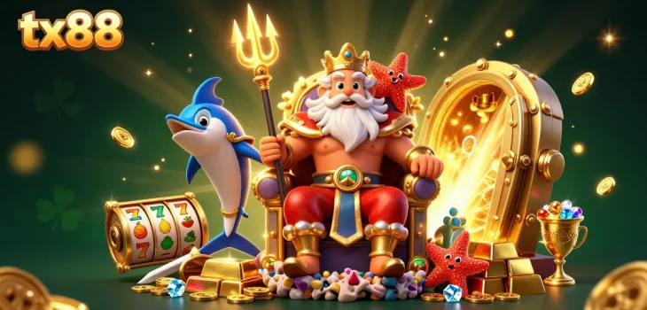Spin and win at tx88 with a vibrant 3D casino scene showcasing slot reels and treasures.