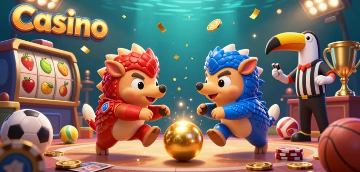 Experience vibrant Casino action with rival pangolins competing in a dynamic gambling game with slot reels and treasures.