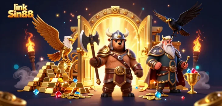 Discover thrilling treasures with link Sin88 in a vibrant, action-packed casino scene.