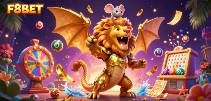 Experience thrilling excitement with F8BET as a fierce chimera creature rears triumphantly in a vibrant 3D casino illustration.